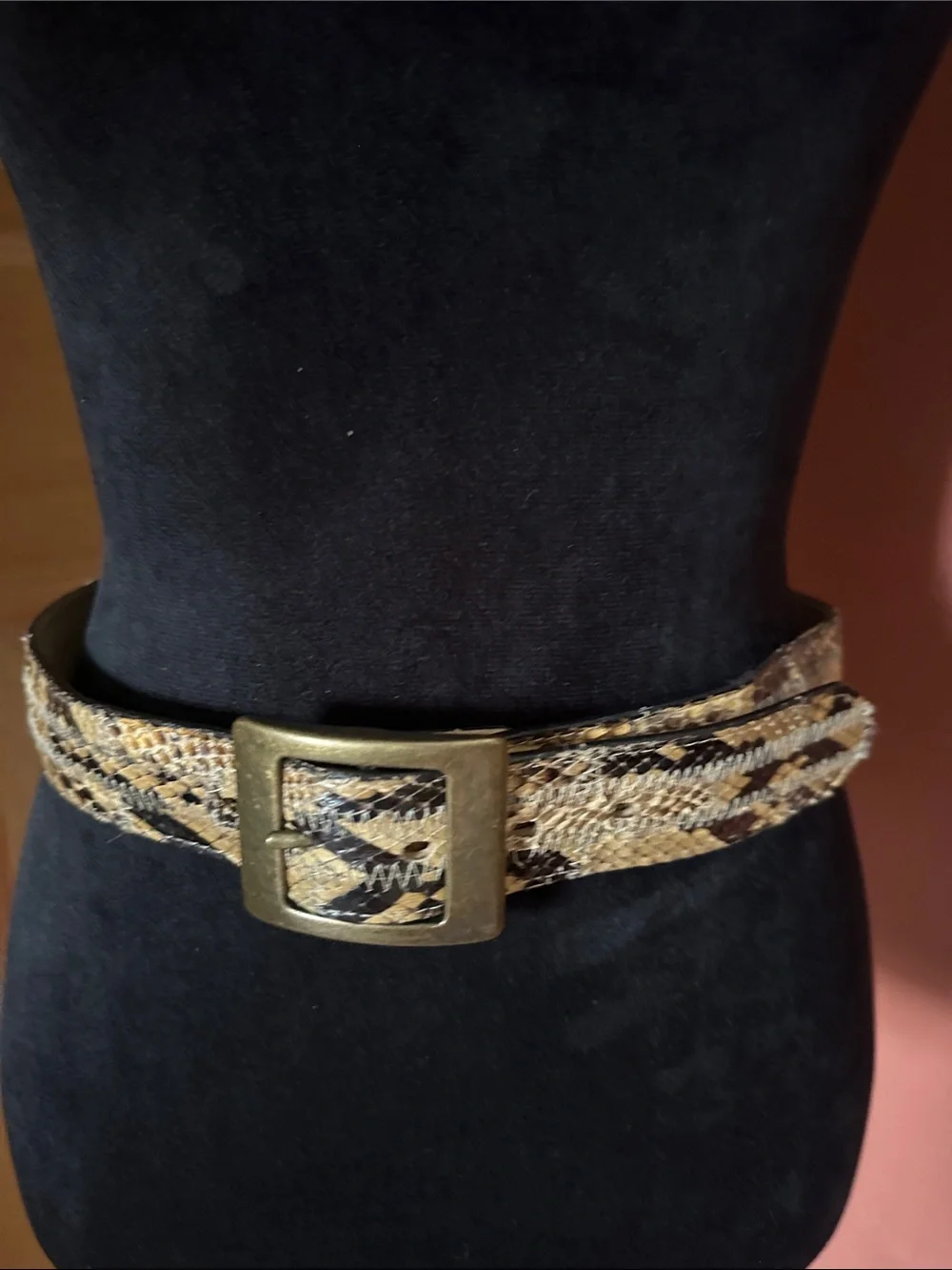 Tony Lama Braided Snake-Print Waist Belt in Tan and Black with Gold Buckle